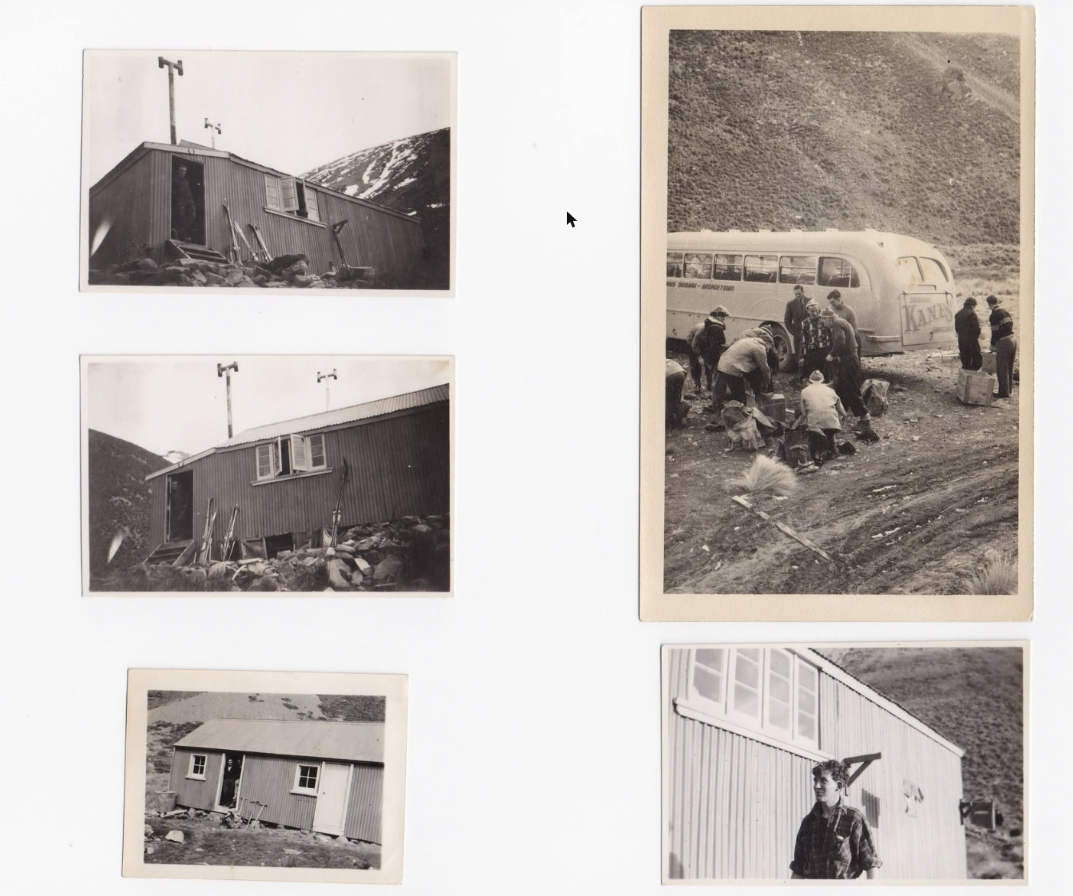 A bus involved in early trips up the access road, and the crew outside the hut