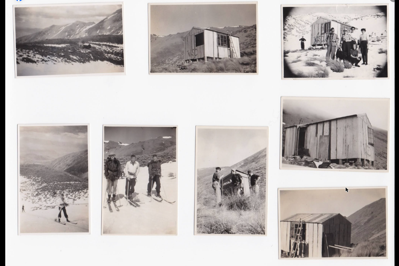 The early WSC hut, a group photo outside it, and members skiing and building a sign